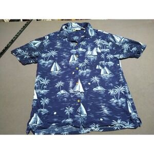 Island Blue Shirt Men Large Navy Rayon Boats Nautical Short Sleeve Button Up